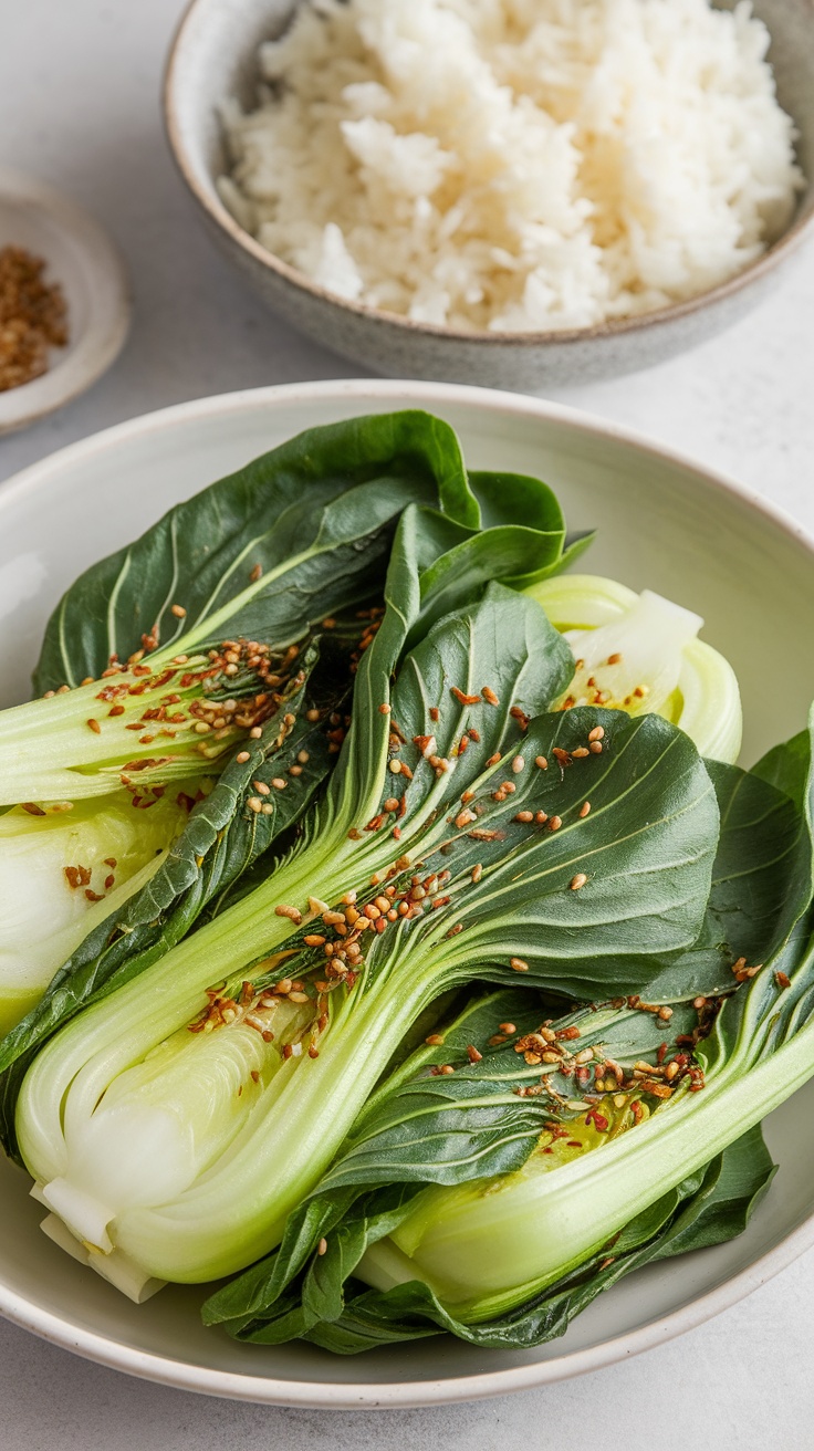 Stir-Fried Bok Choy with Garlic on a plate, featuring green bok choy and garlic, with rice in the background.